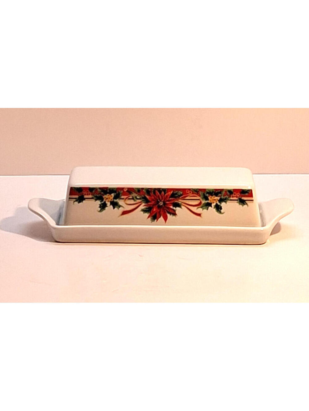 Poinsettia Gallery By Inhesion 1/4 lb. Butter Dish  Porcelain Christmas 1990s
